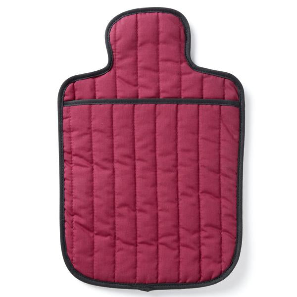 A burgundy quilted cotton heat pack cover with a pocket.